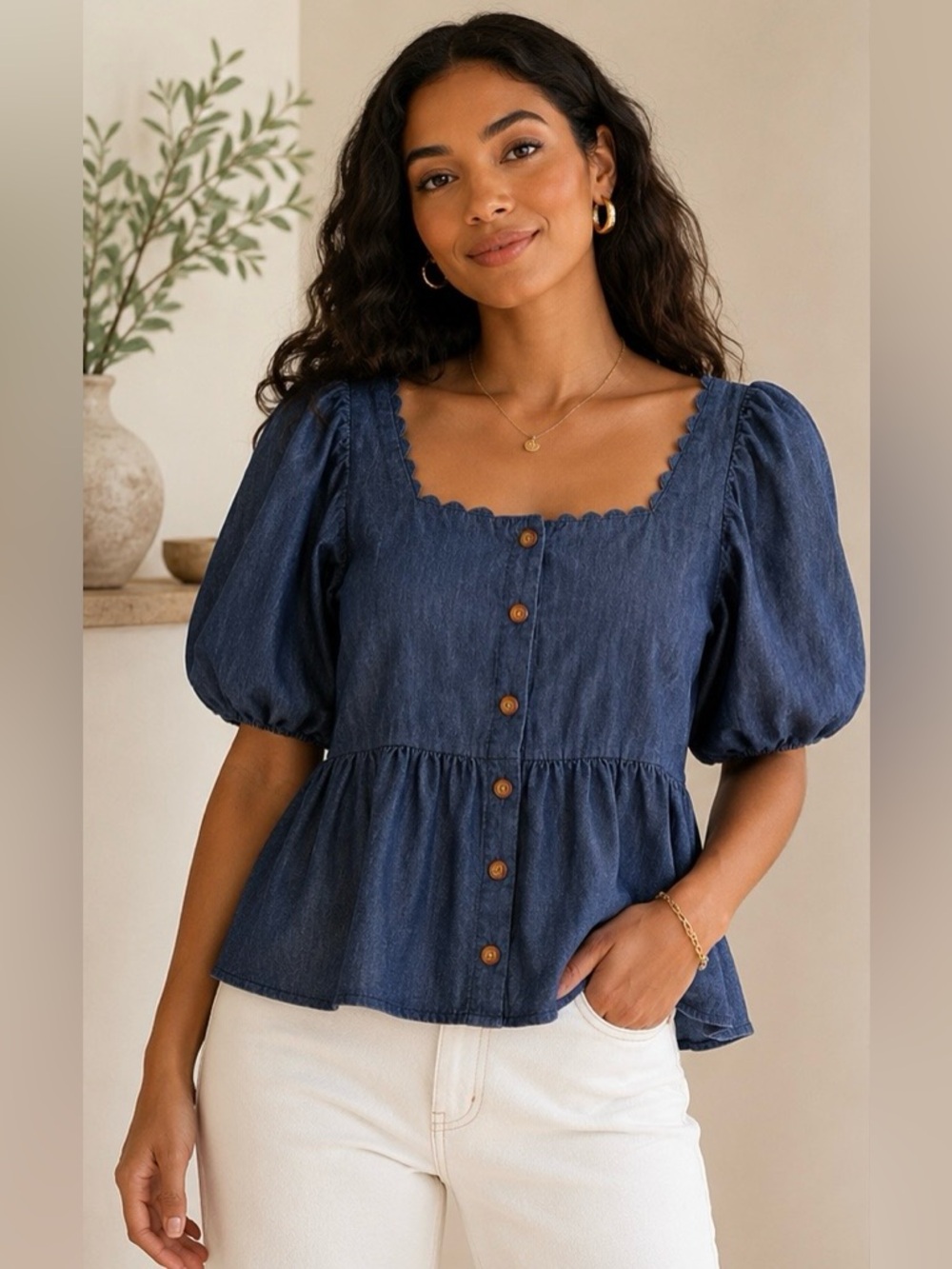 Kika Vargas x Target Chambray Puff Sleeve Babydoll Peplum Blouse Cottagecore M